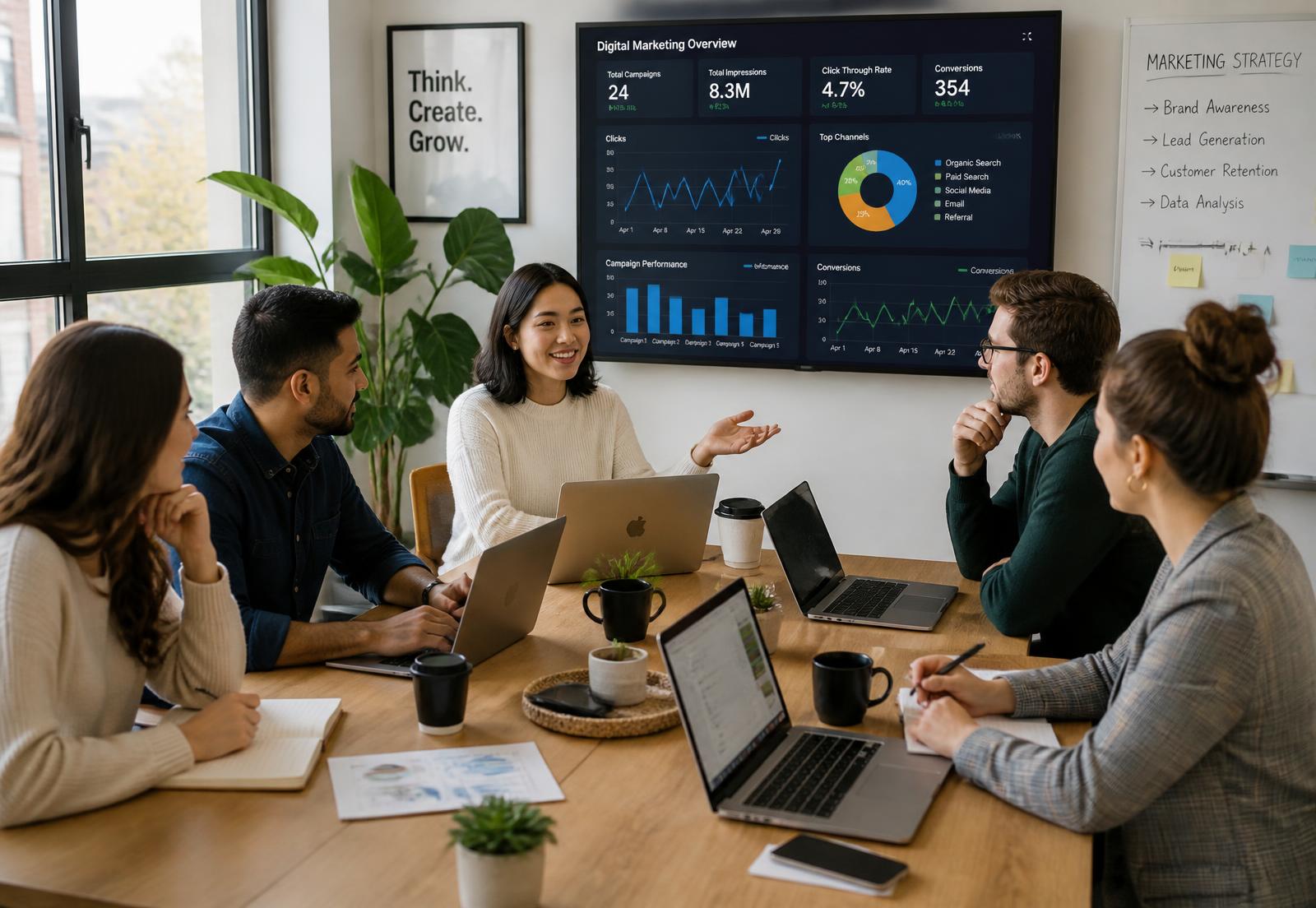Digital marketing team reviewing campaign analytics on a screen in a modern office